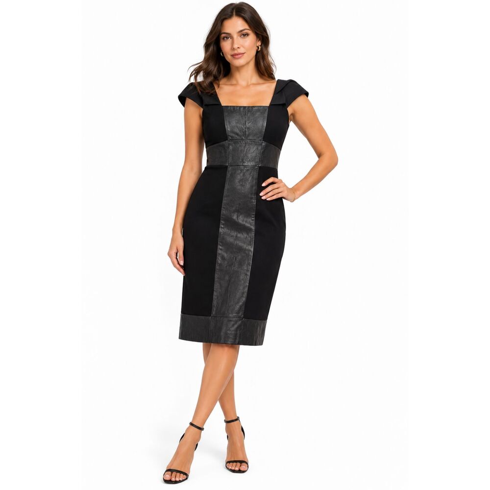 Antonio Melani Black Leather Sheath Dress 2 Genuine Leather Career Cocktail